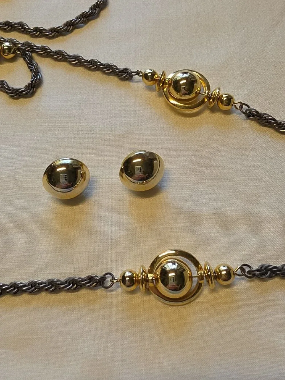 Long Two-Tone Bead Necklace with Matching Stud Earrings - Gold and Gunmetal